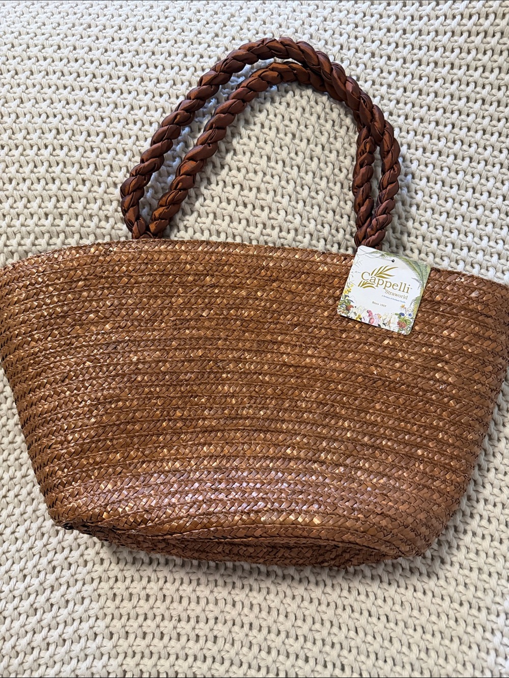 Capelli Straworld Bronze Brown Nylon Puffy Soft Braided-Handle Woven Tote